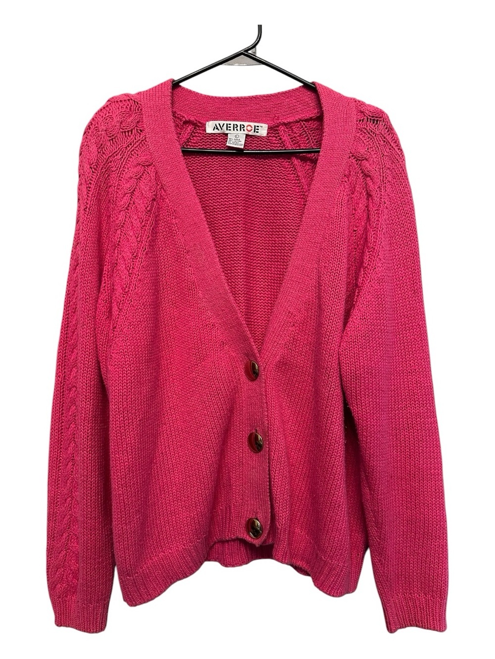Vintage Y2K Averroe Hot Pink Cable-Trim V-Neck Button Cardigan Large